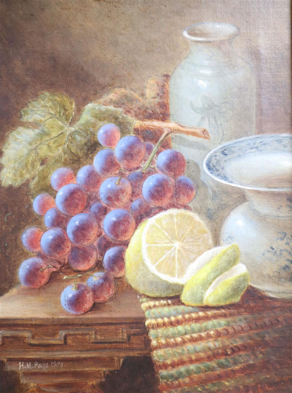 H. M. Page, Still life with grapes, lemon and vessels on a table, signed and dated 1873, 28 x 23cm